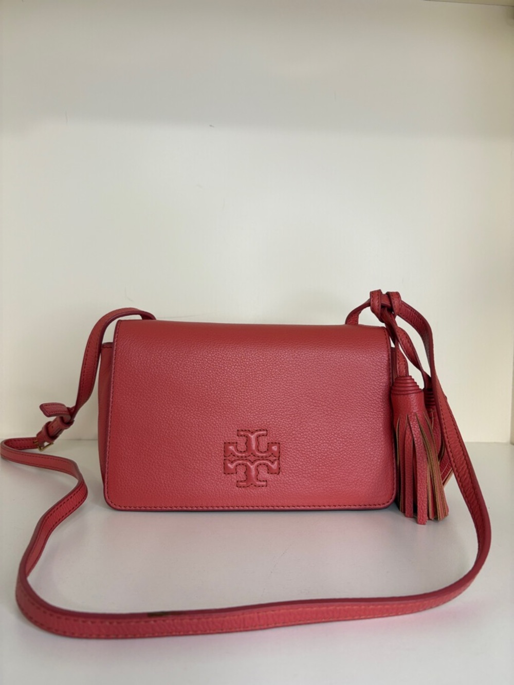 Tory Burch Thea Mini Bag Coral Red Pebbled Leather Tassel Crossbody